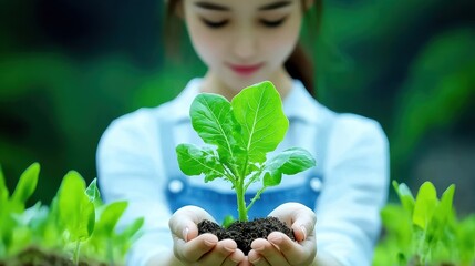 Woman holding green plant with soil, nurturing nature.