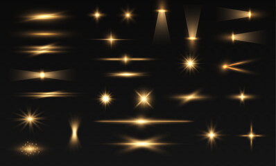 Fototapete - Set of sun light stars with golden rays on transparent background with dust effect. Glow light star, yellow sun rays, gold glare bokeh. Flare with golden rays of light and magic sparkles. 