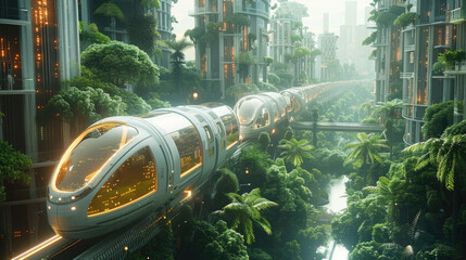 Aufkleber - City of Ideals, futuristic railway, surrounded by towers, lots of green trees, neon.