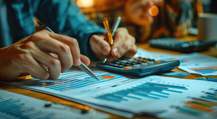 Poster - People analyzing financial charts, using calculators, reviewing documents, focused expressions, surrounded by papers and data screens in an office setting.