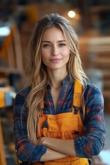 A young woman with long blonde hair is smiling confidently, wearing a plaid shirt and an orange apron. Her casual yet professional attire suggests a creative craftsperson.