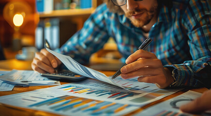 Poster - People analyzing financial charts, using calculators, reviewing documents, focused expressions, surrounded by papers and data screens in an office setting.