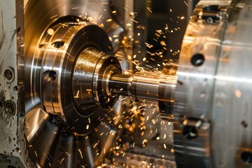 Closeup on a metalwork cnc milling machine creating sparks when cutting steel metalwork