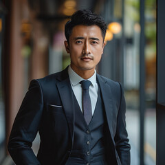 Sticker - The Asian businessman, dressed in a sleek, tailored suit, exudes professionalism and confidence.