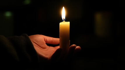 A hand holding a lit candle in the dark, the flame casts a warm glow against the black background.