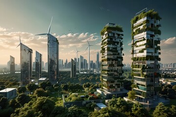 Illustration of a futuristic eco-friendly city, vertical gardens on skyscrapers, wind turbines, solar panels, clean energy concept, nature integrated with modern design