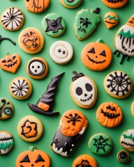 Canvas Print - Halloween Cookies Arrangement on Green Background