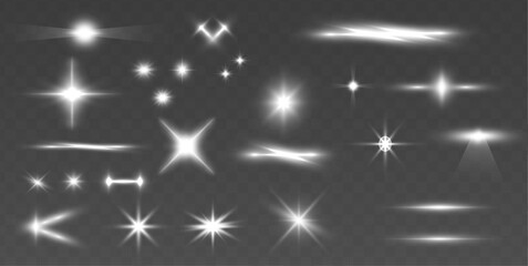 Fototapete - Collection of highlights, stars and rays of light with luminous swirling and spiraling particles on a transparent background. Flying star effect.	