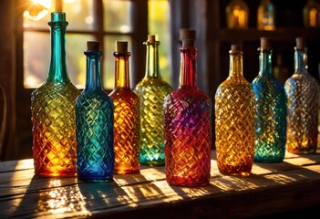 vibrant glasses colorful bottles arranged aesthetically rustic wooden table warmly lit atmosphere, display, shape, texture, light, design, background