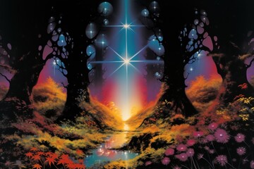 Poster - Airbrush art of a forest outdoors nature night.