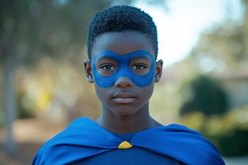 Young Boy in Blue Superhero Costume with Painted Mask