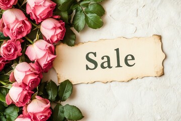  Sale tag with pink roses on textured background.