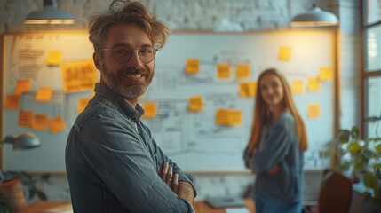 Poster - A group of coworkers having a casual meeting around a whiteboard in a bright office.
