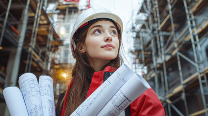 Poster - A woman wearing a hard hat and holding several sheets of paper