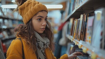 Young woman in cozy fall clothes browsing in a thrift store aisle.