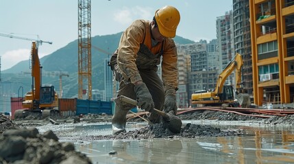 Fototapete - Asian worker pours cement at construction site, in the background are multiple tower cranes.