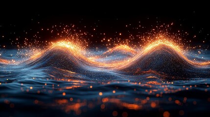 Wall Mural - Abstract glowing waves of light particles in vibrant orange and blue tones, resembling energy flowing through a dark, fluid space, creating a dynamic and futuristic atmosphere