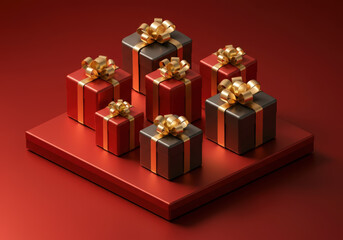 Wall Mural - red and black gift boxes with shiny gold ribbons on red background for christmas
