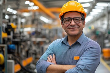 Portrait of a smiling man in a yellow hardhat and blue shirt, standing in a factory setting.