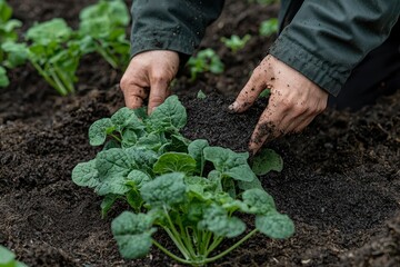 Hands of a Farmer Planting Green Leafy Vegetables in Rich Soil