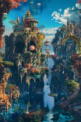 Wall Mural - A fantasy world with a castle and a river