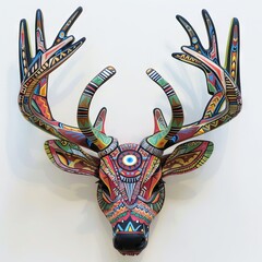 Deer head with vibrant tribal art created by a man.