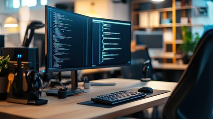 A Close-up of a Modern Workstation with Dual Monitors Displaying Programming Code