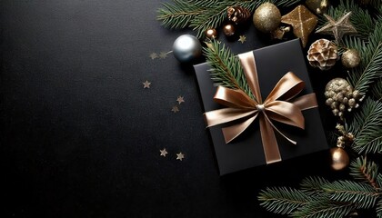 Wall Mural - Festive black gift with Christmas decorations and copy space 