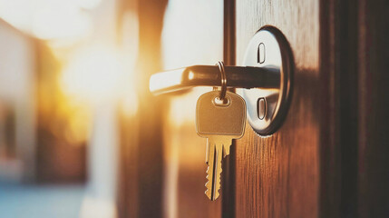 modern house keys in a lock with a slightly open door, highlighting security and homeownership in na