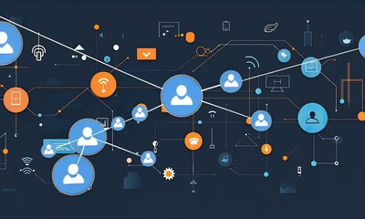 Abstract digital network illustration with connected icons representing technology and communication.