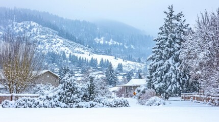 4 Heavy snowfall blanketing a mountain landscape, winter weather, cold and serene