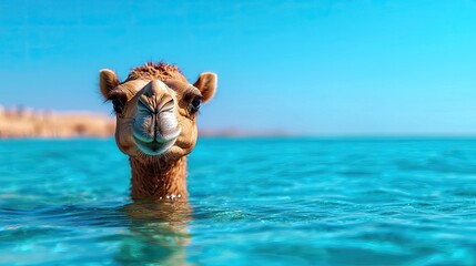 Wall Mural - a camel swimming in clear turquoise water under a bright blue sky.