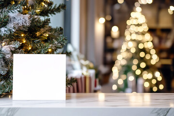 Blank white sheet of paper stands on the reception desk against the background with Chrismas tree. Blank mock up for your information .