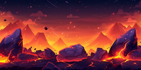 Wall Mural - a lava field with mountains in the background. the sky is orange and the rocks are glowing red