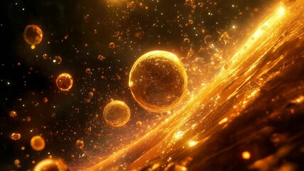 glowing golden spheres floating in a shimmering, abstract space with sparkling particles and waves o