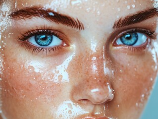 Sticker - A woman with blue eyes and a blue tinted face is the main focus of the image. The blue tint gives her face a unique and striking appearance, making her stand out