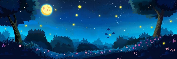 Wall Mural - a nighttime scene with a full moon and stars. the sky is dark and the trees are illuminated by the m