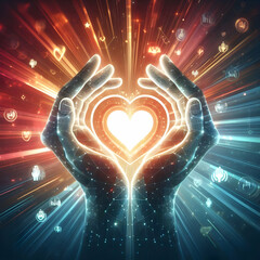 Wall Mural - Flat Glowing Digital Hands Forming a Heart Symbolizing Unity and Love for Human Rights Day - Abstract Vector Illustration with Vibrant Lights and Modern Touch