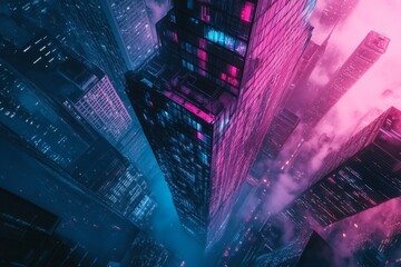 Futuristic cityscape with a towering synthwave skyscraper, captured from above.