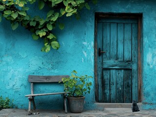 Rustic wooden door and bench against a teal wall with green vine. Peaceful and vintage outdoor setting, perfect for relaxation.