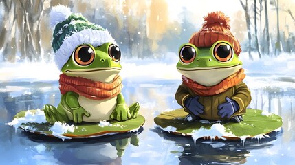 Two cute cartoon frogs sitting on lily pads, wearing winter hats and scarves