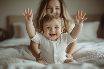 A woman is holding a baby and the baby is smiling