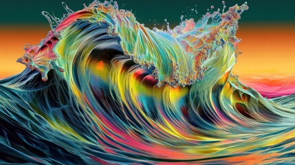  A vibrant, colorful wave splashing against a gradient background, showcasing fluid dynamics.