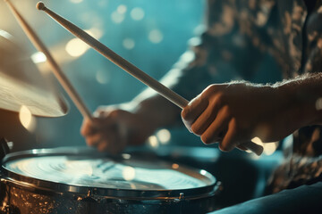 Drummer is playing on his drum kit with blue lights in the background