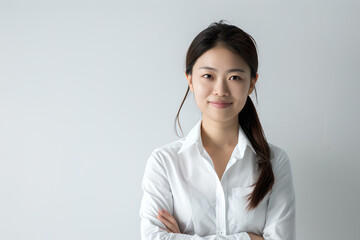 Oriental woman smiling on white background