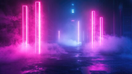 Wall Mural - mysterious night scene with fog and neon lights