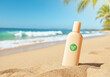 © Alexandra - Cosmetic bottle is standing on the sand with ocean waves crashing in the background