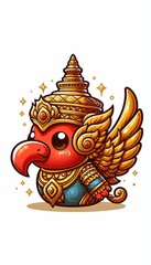 A cute cartoon image of an ancient Thai Garuda with a bright red face, detailed curves and beak, wearing an intricately decorated golden headdress. The Garuda's armor has sparkling blue, orange and li