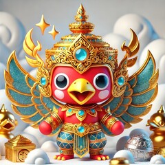 Wall Mural - A cute cartoon image of an ancient Thai Garuda with a bright red face, detailed curves and beak, wearing an intricately decorated golden headdress. The Garuda's armor has sparkling blue, orange and li