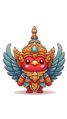 A cute cartoon image of an ancient Thai Garuda with a bright red face, detailed curves and beak, wearing an intricately decorated golden headdress. The Garuda's armor has sparkling blue, orange and li